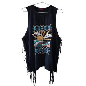 Rock & Roll Denim Black Fringe Tank Top Women L Southwestern Sunset Graphic Boho